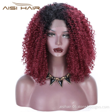 Aisi Hair Medium Long Afro Kinky Curly Wig Ombre Red Dark Root Lace Frontal Wig Synthetic Lace Front Hair Wigs For Black Women
